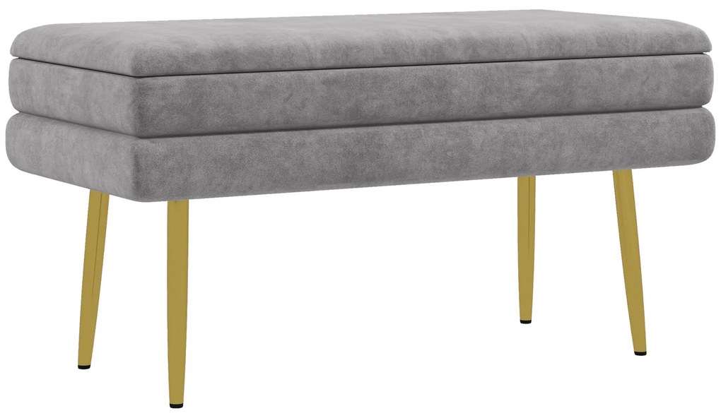 HOMCOM Banco Baú de Armazenamento 2 em 1 Assento de Veludo e Pés de Aço 79,5x37,5x43 cm Cinza e Dourado | Aosom Portugal