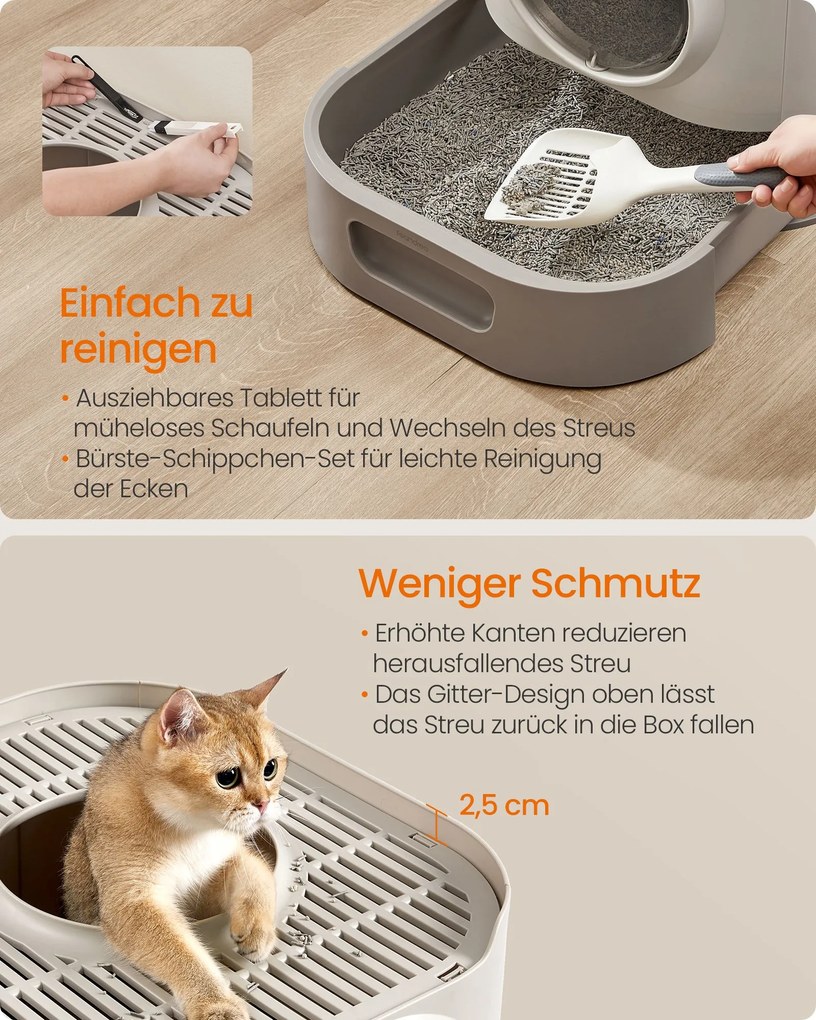Caixa de areia XXL para gatos com tampa 54 x 42,8 x 40 cm (C x L x A), gaveta extraível e pá, castanho claro