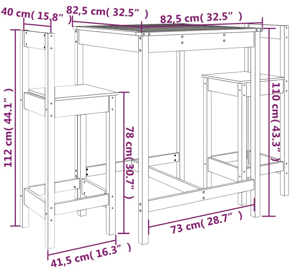 3 pcs conjunto de bar para jardim pinho maciço preto