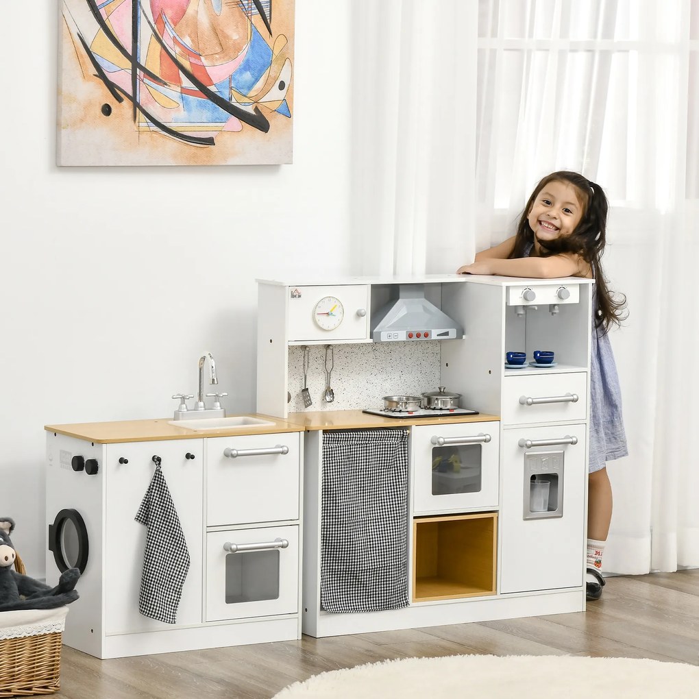 HOMCOM Cozinha Infantil de Madeira Cozinha para Crianças acima de 3 Anos com Luz Sons Máquina de Café Frigorífico Lavatório Branca