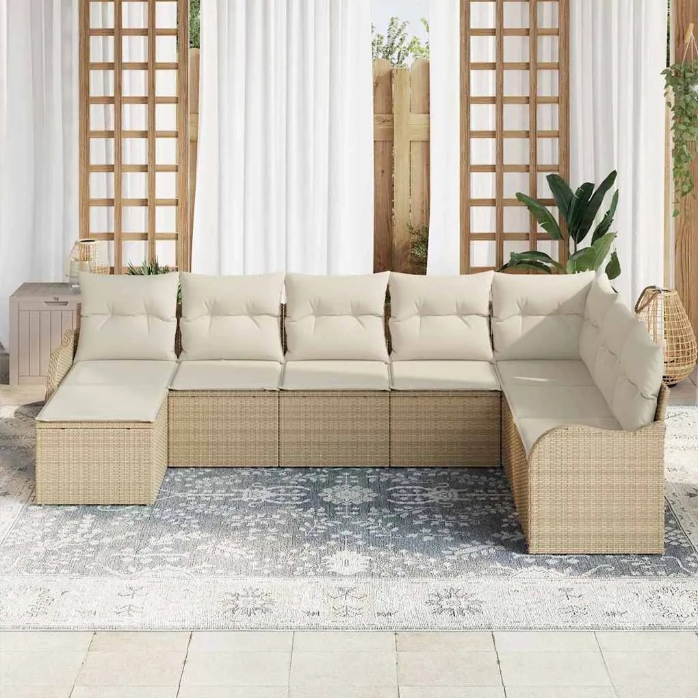Conjunto de Sofá de Jardim de 8 Peças com Almofadas Bege Vime Poly