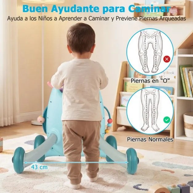 Andador Montessori bebés com Reprodutor Oval Removível Classificador de Formas Maracas Pássaro Deslizante e 2 Giradores Azul
