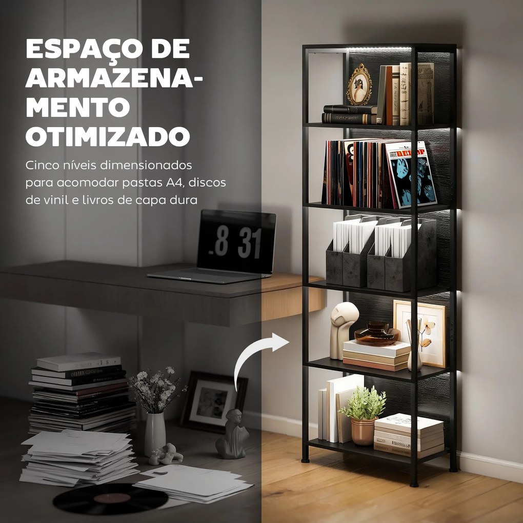 Estante de 5 Níveis com Luzes LED de 7 Cores Estante para Livros Estante de Estilo Industrial 60x30x179 cm Preto