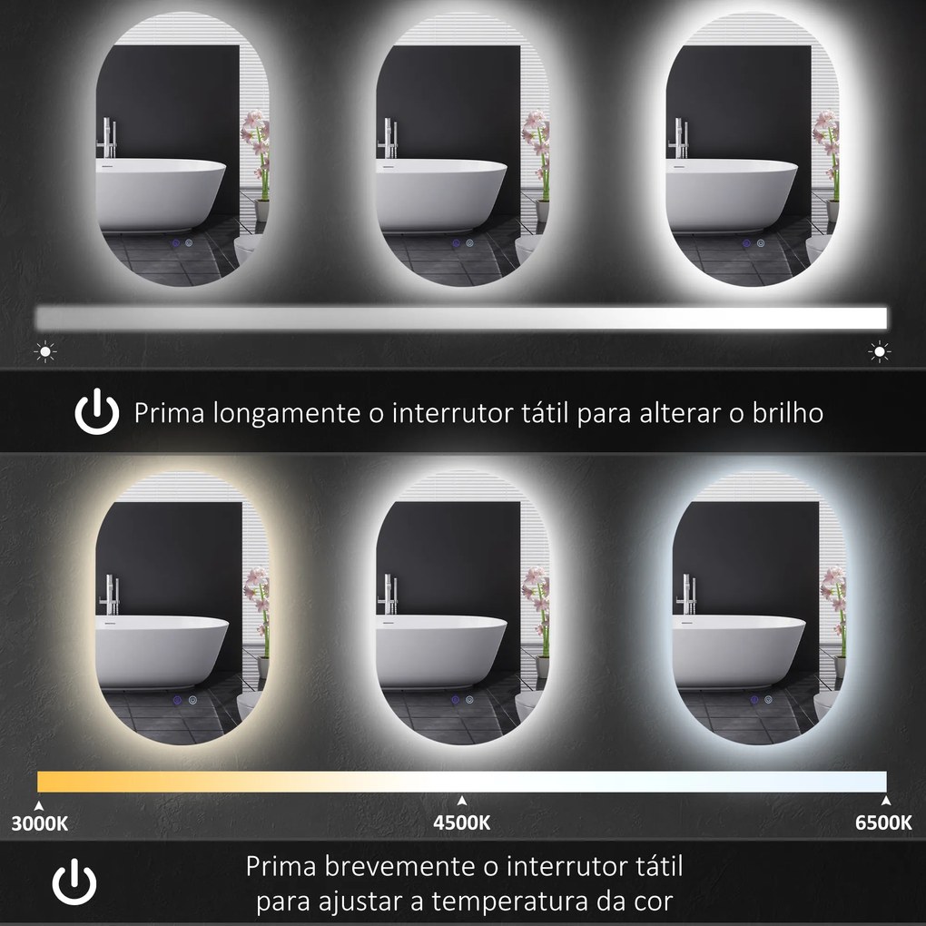 kleankin Espelho Casa de Banho com Luzes LED 81x51 cm Espelho de Parede com 3 Cores Ajustáveis Função Antiembaciamento Interruptor Tátil Horizontal ou Vertical Prata