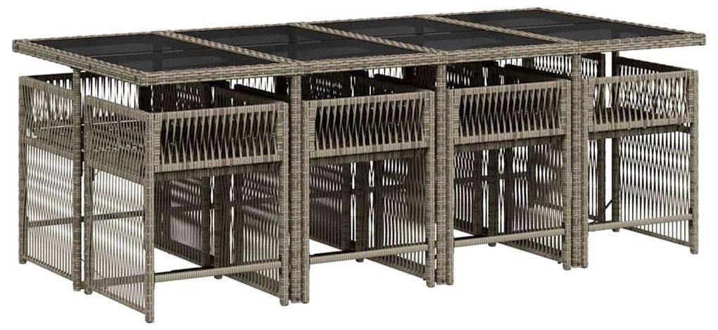 9 pcs conjunto de jantar p/ jardim c/ almofadões vime PE cinza