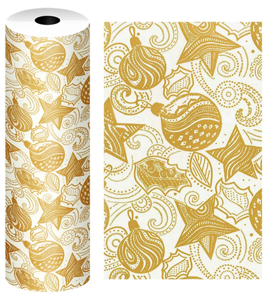 Bobine Papel Embrulho Natal Branco e Dourado 62cmX4kg