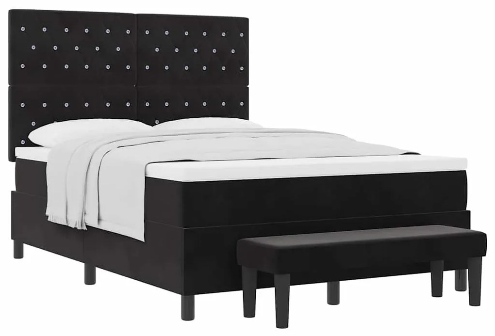 Cama Box Spring com Colchão e Banco Preto 160x200 cm Veludo