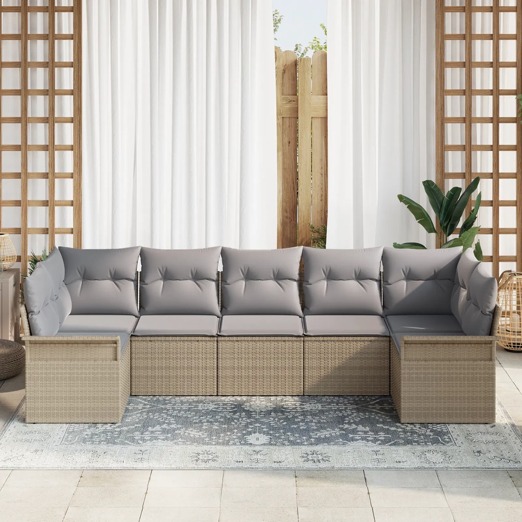 Conjunto de Sofá de Jardim de 7 Peças com Almofadas Bege Poliratan