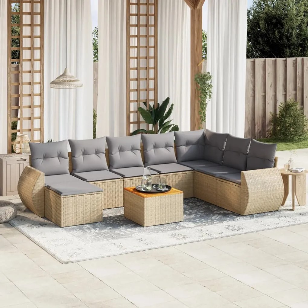 9 pcs conjunto de sofás p/ jardim com almofadões vime PE bege