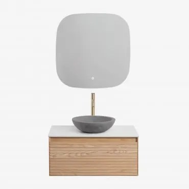 Conjunto De Móveis De Banheiro Em Madeira Tedrik Ash Castanho Fresno & Cimento Cinzento Redondo Ø40 Cm Tarsis & Quadrado Led - Sklum