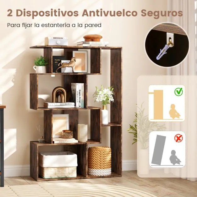 Estante em forma de S com 4 níveis, 6 compartimentos abertos e 2 dispositivos antiderrapantes para escritório ou estúdio, 80 x 30 x 119 cm, castanho