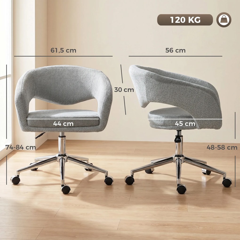 Cadeira de escritório ergonómica, cadeira de escritório em chenille com altura ajustável, encosto curvo, cinzenta