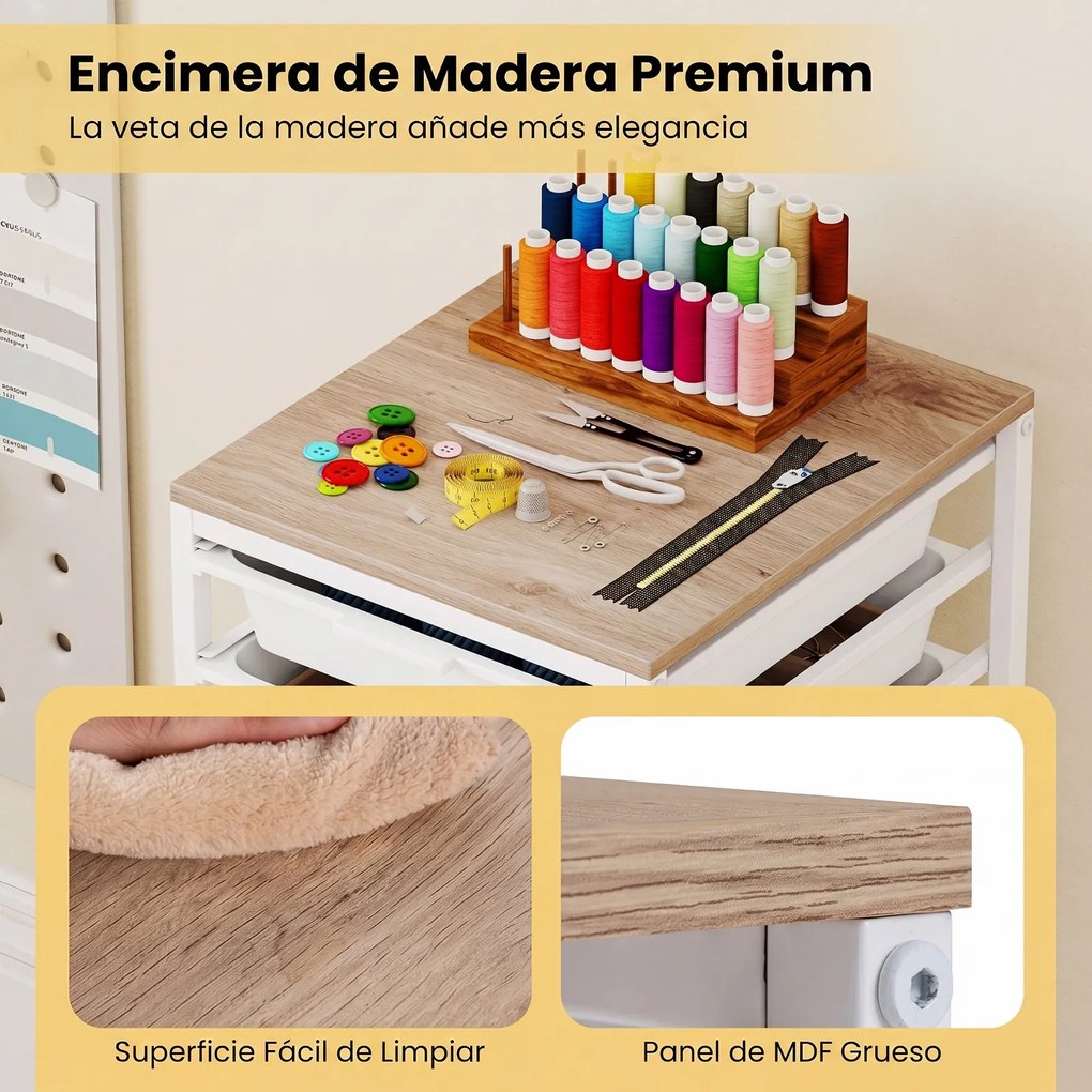 Carrinho de Arrumação com 10 Gavetas, 37 x 32,5 x 85 cm, Tampo de Madeira, Branco
