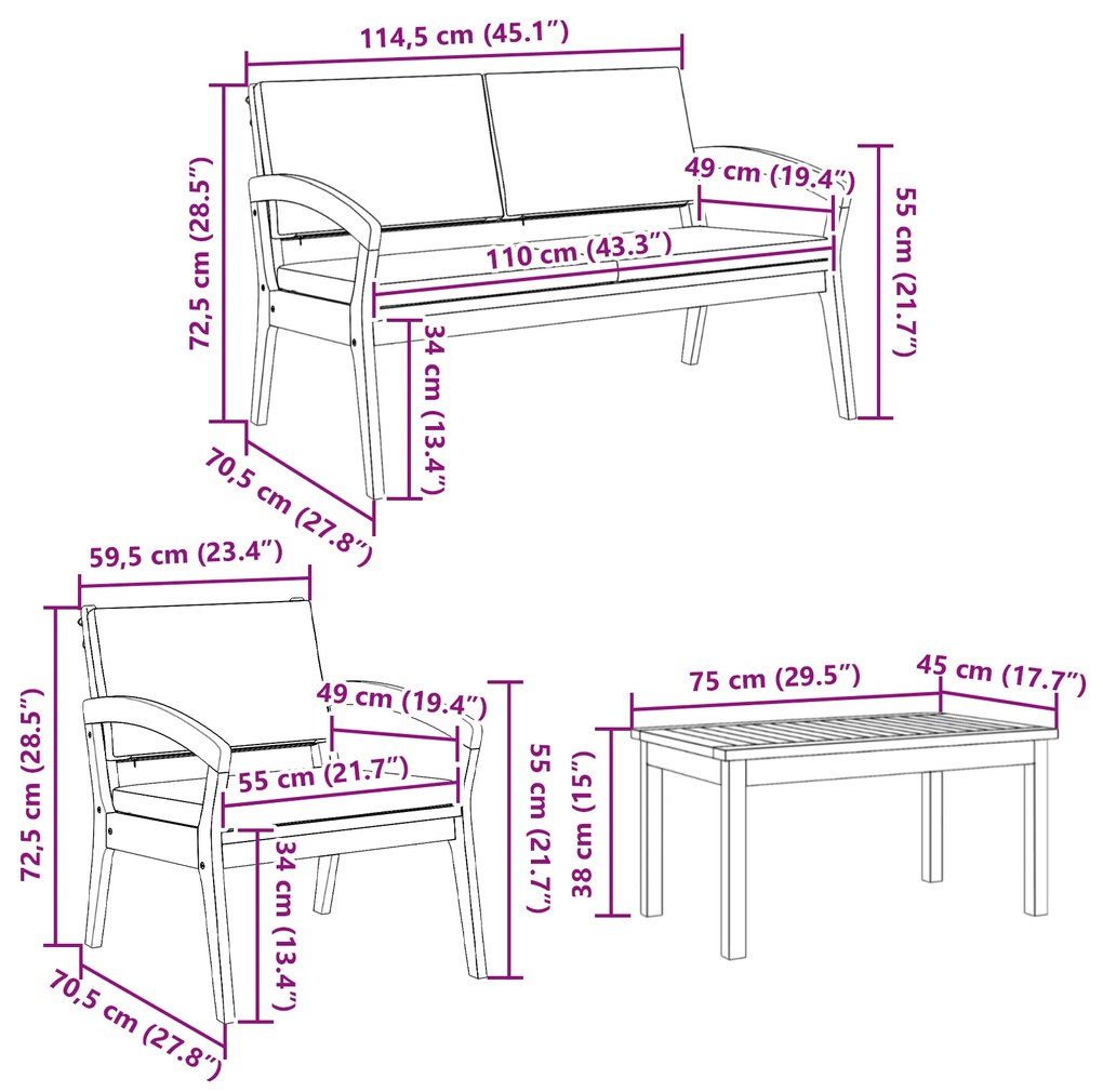 Conjunto de Bistro de 4 Peças com Almofadas em Madeira de Acácia