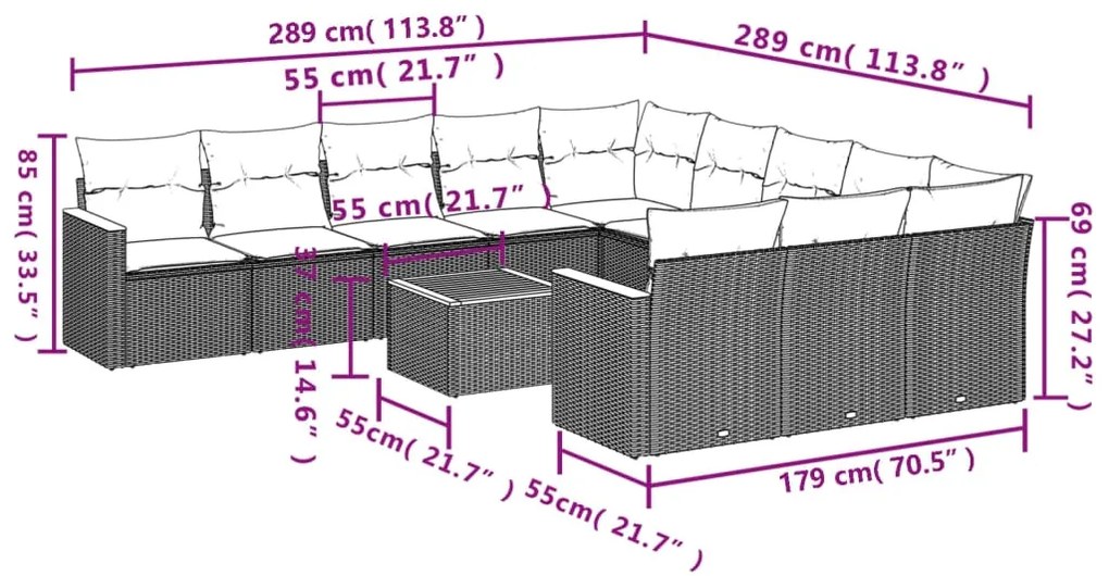 12 pcs conjunto de sofás p/ jardim com almofadões vime PE bege