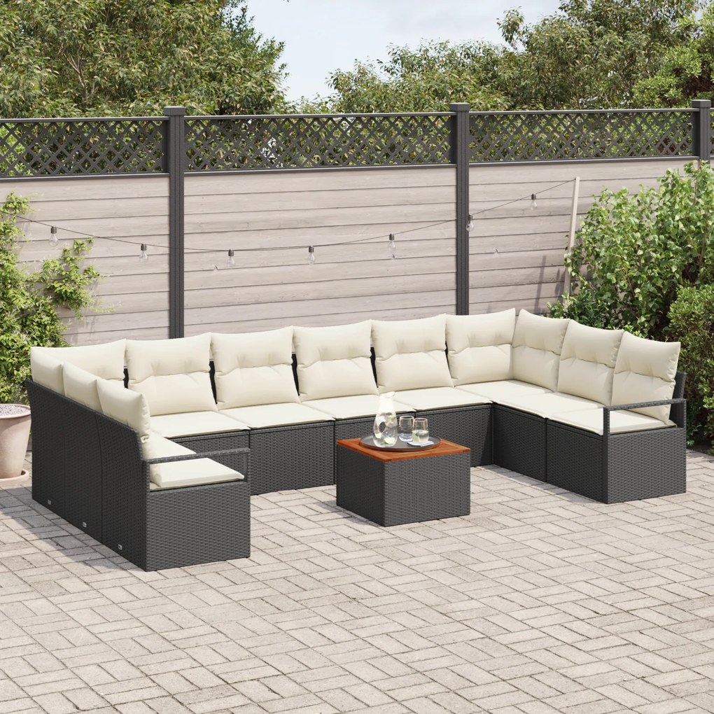 Conjunto de Sofá de Jardim de 11 Peças com Almofadas Preto Vime PE Acá