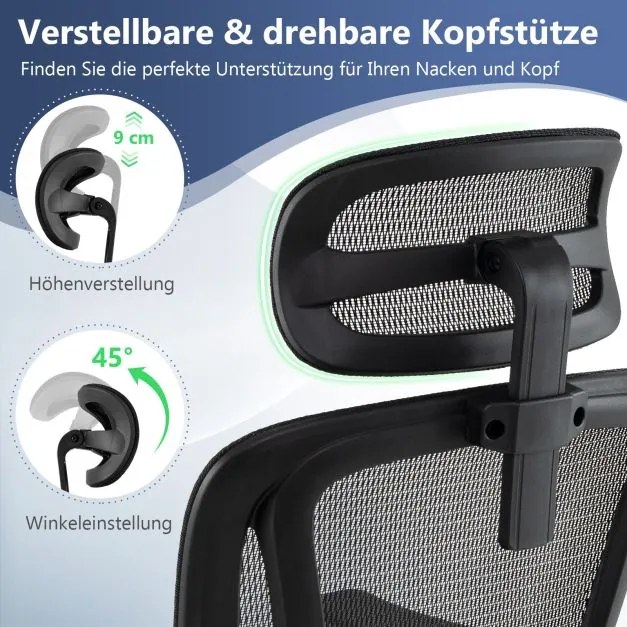 Cadeira ergonómica para computador com apoio para os pés retrátil, apoio lombar ajustável e apoios para os braços, cor preta