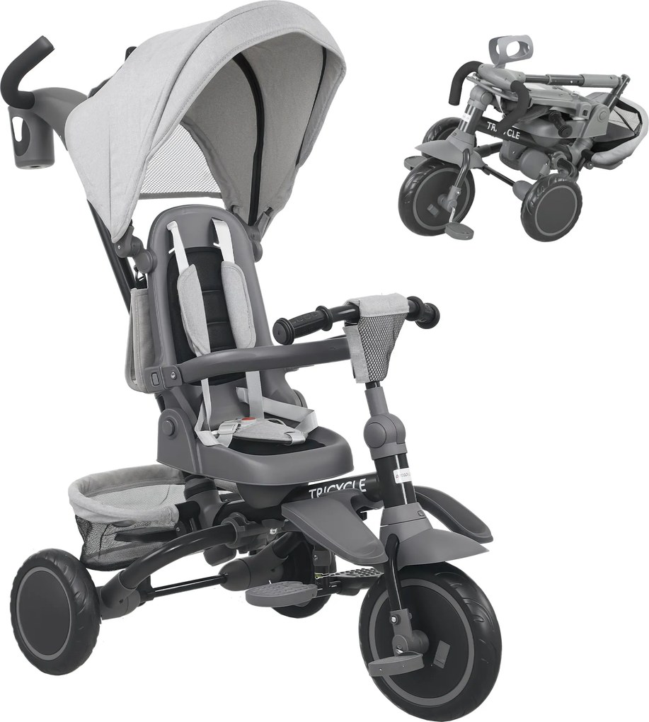 Triciclo Evolutivo 6 em 1 Dobrável Assento Giratório de 360° Guidão Parental Encosto Reclinável Toldo 111,5x52x98 cm Cinza