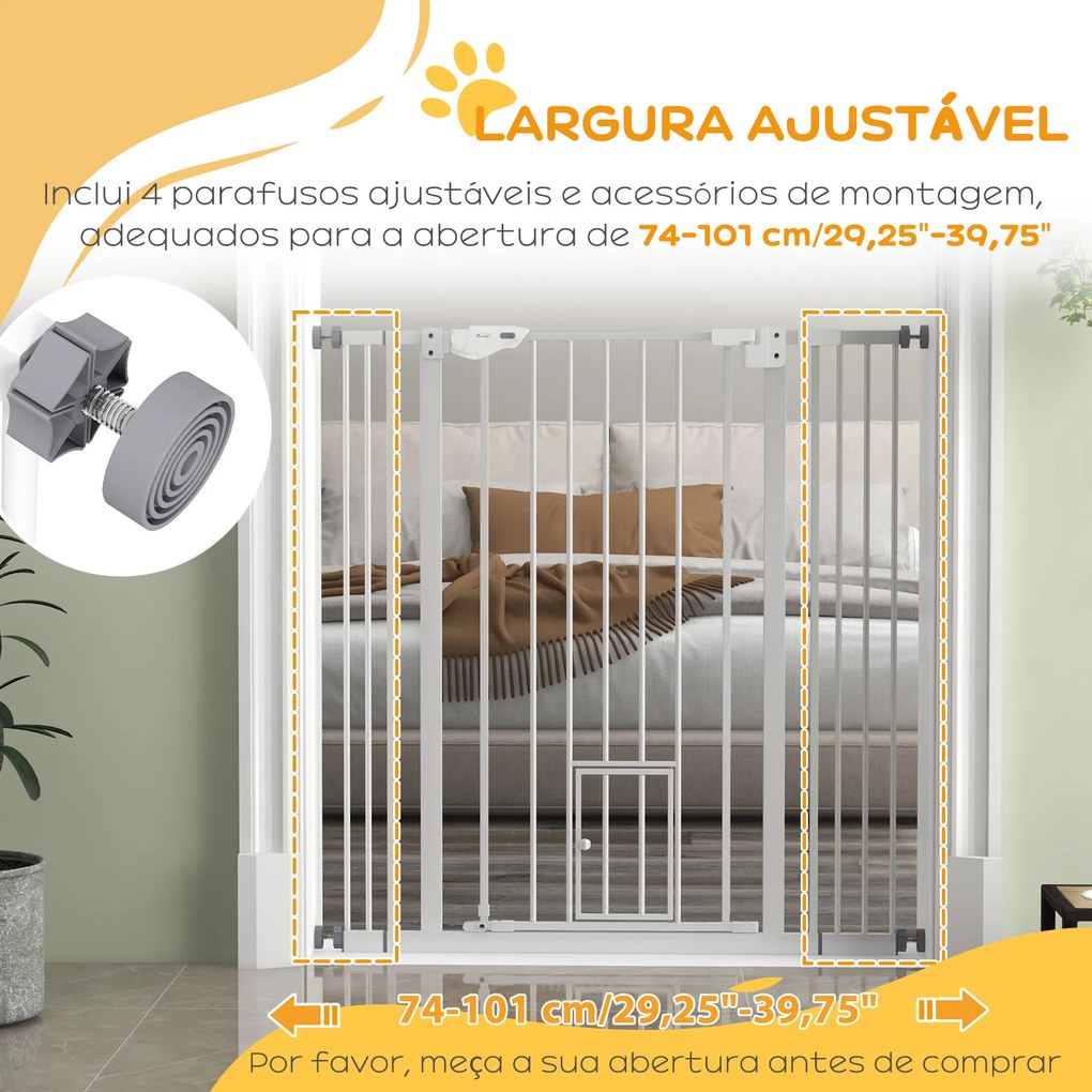 Barreira de Segurança para Cães com Porta Pequena Fechamento Automático e Sistema Duplo de Bloqueio 74-101x104,1 cm Branco