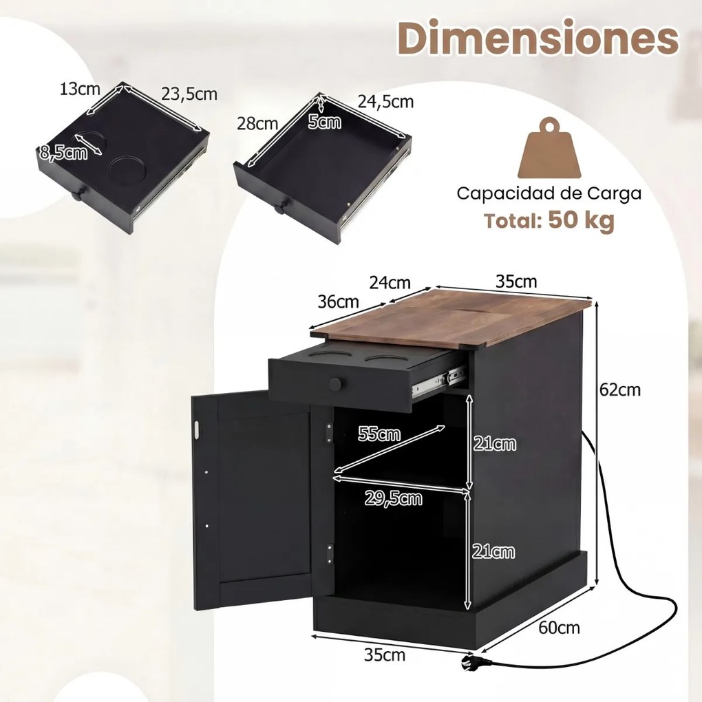 Conjunto de 2 mesas cabeçeira, mesas apoio 35 x 60 x 62 cm com estação de carregamento e armazenamento, gaveta, estante ajustável e bandeja removível,