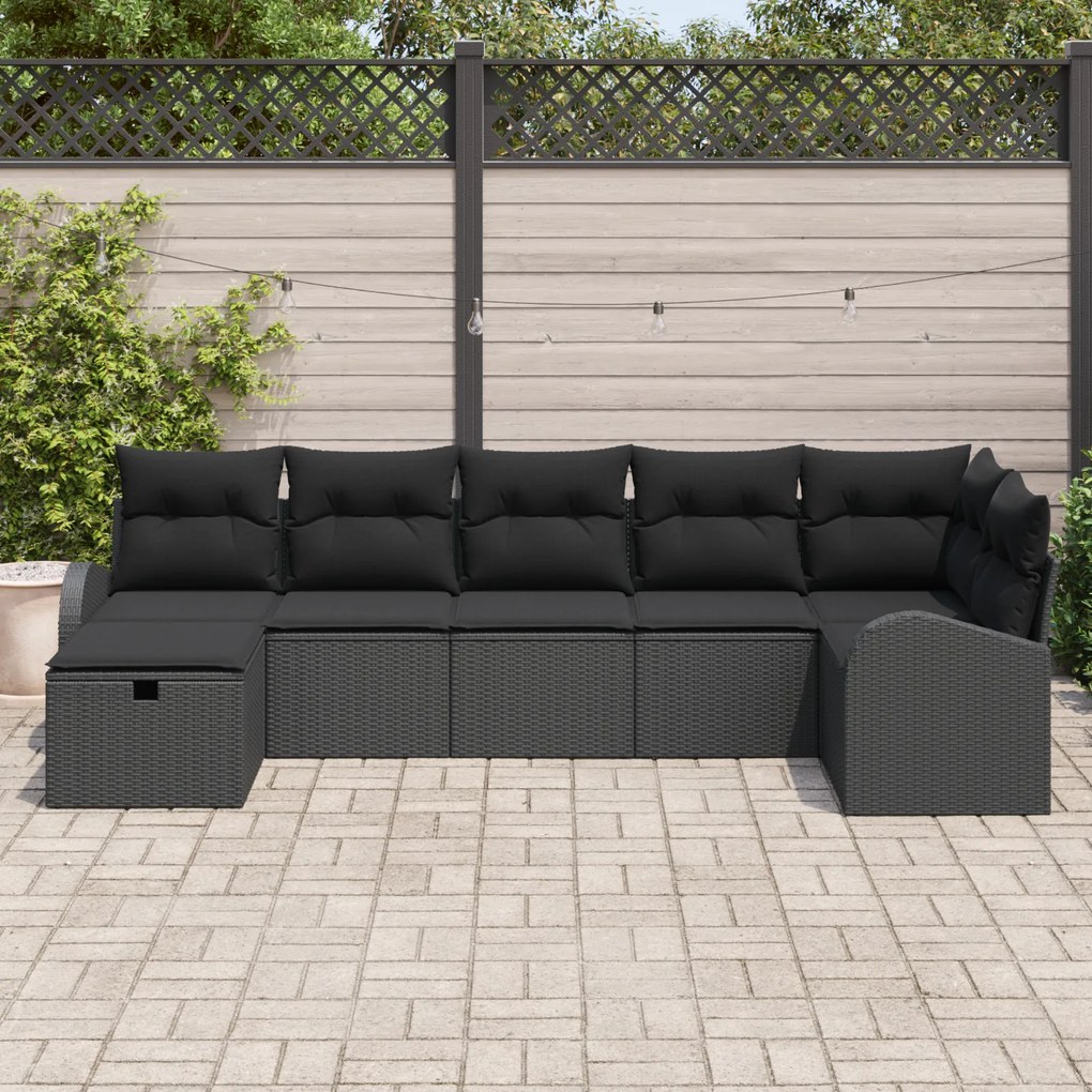 Conjunto de Sofás de Jardim 7 Peças com Almofadas Preto Rattan