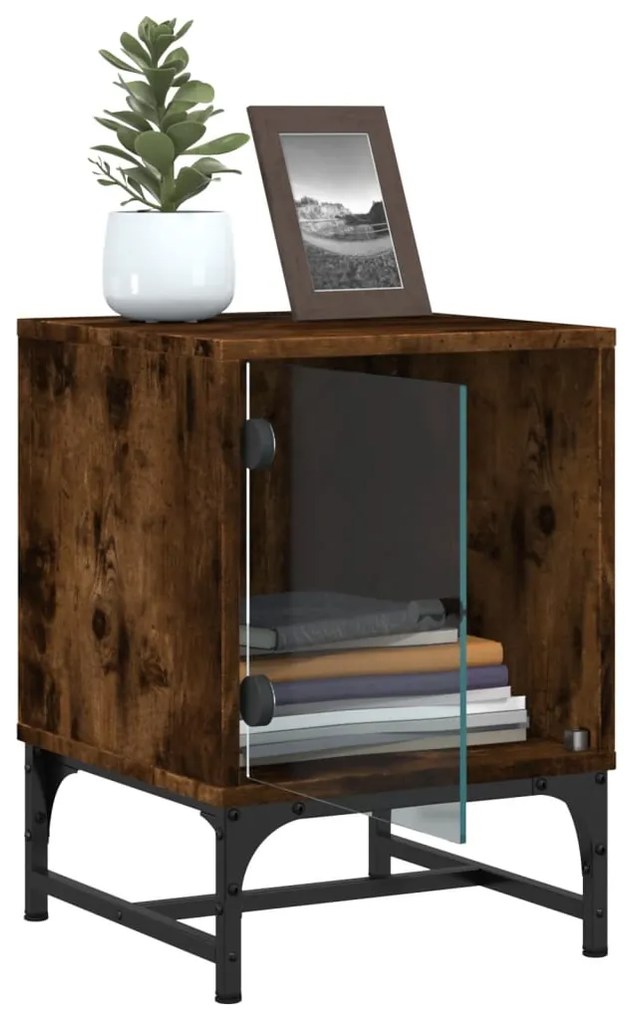 Mesa cabeceira c/ portas vidro 2 pcs 35x37x50cm carvalho fumado