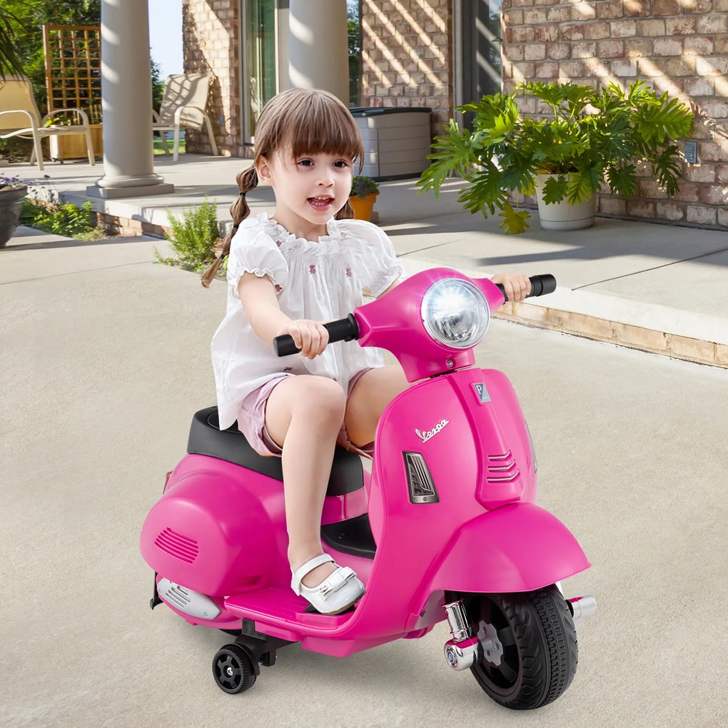 Motocicleta elétrica infantil Vespa licenciada, movida a bateria de 6 V, com farol de LED branco