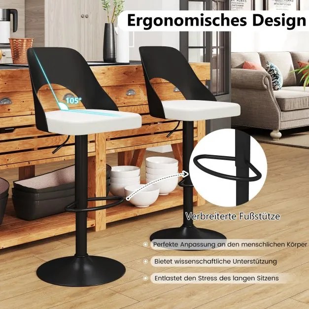 Conjunto de 2 bancos de bar giratórios 360°, ajustáveis em altura, bancos de cozinha com assento e encosto em couro sintético preto