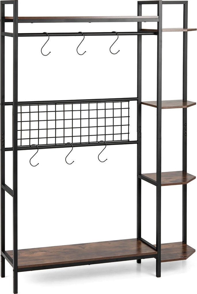 Estante de Arrumação e Bengaleiro Industrial, 113 x 29,5 x 156,5 cm, 6 Ganchos e 6 Prateleiras, Castanho+Preto
