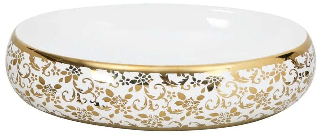 Lavatório de bancada oval 59x40x15 cm cerâmica branco e dourado