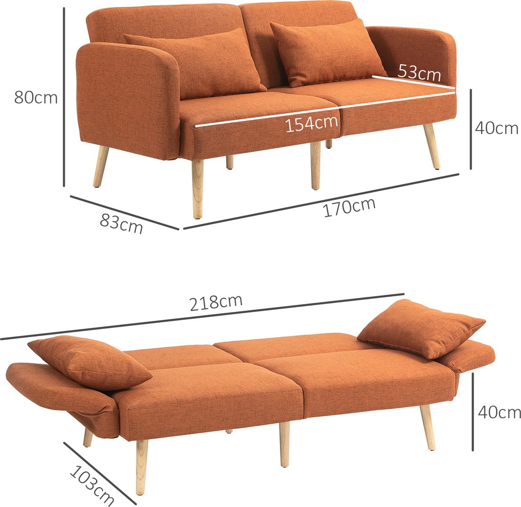 Sofá-cama com design moderno, encosto reclinável e braços ajustáveis, em tecido com efeito de linho castanho