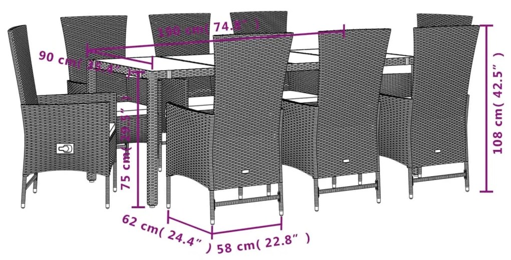 9 pcs conjunto de jantar p/ jardim com almofadões vime PE bege