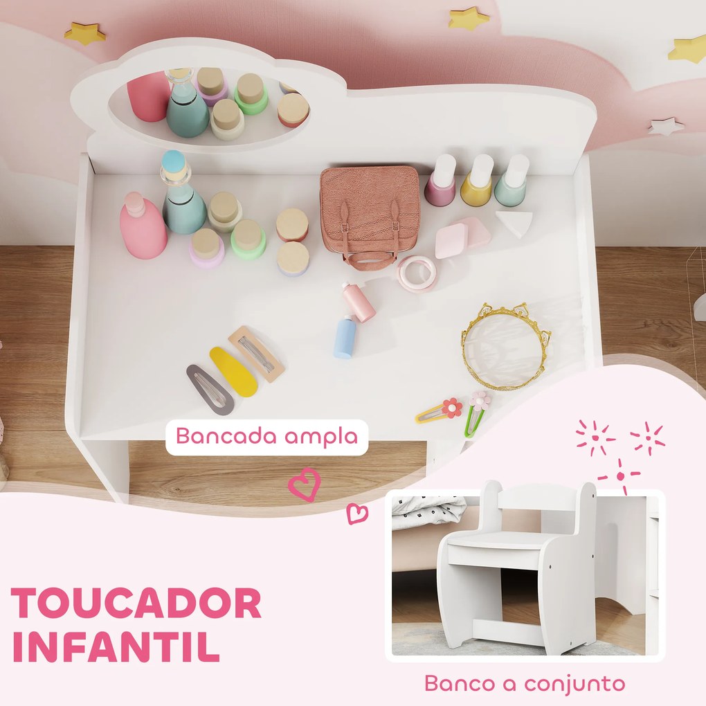 Toucador para Crianças com Banco e Espelho em Forma de Flor com Compartimentos Abertos 70x39x92,5 cm Branco