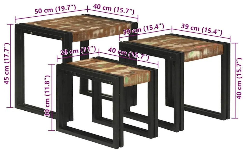 Mesas encaixáveis 3 pcs Multicor Madeira recuperada maciça