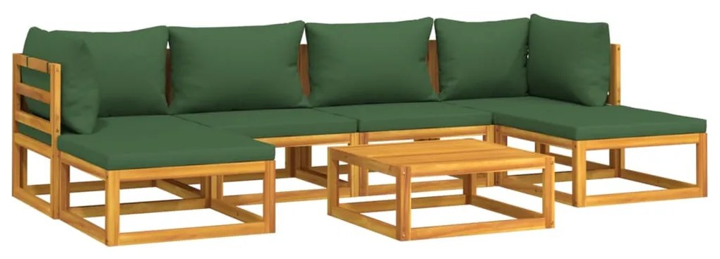 7 pcs conj. lounge jardim madeira c/almofadões verdes