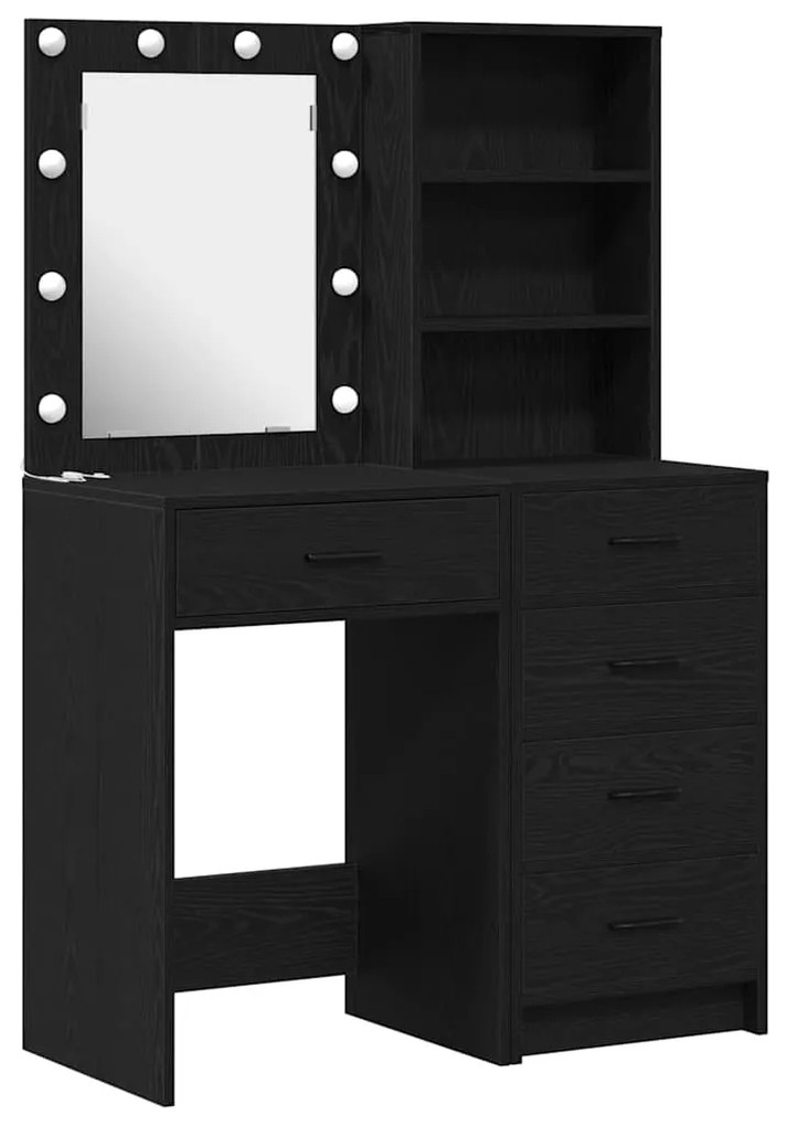 Conjunto de Mesa de Maquiagem de 2 Peças com LED em Madeira Pretas