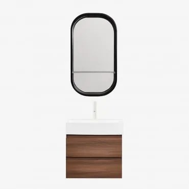 Conjunto De Móvel De Casa De Banho Em Madeira E Chapa De Freixo Com Lavatório Integrado Ona Madeira Escura & Oval Com Prateleira Preto - Sklum