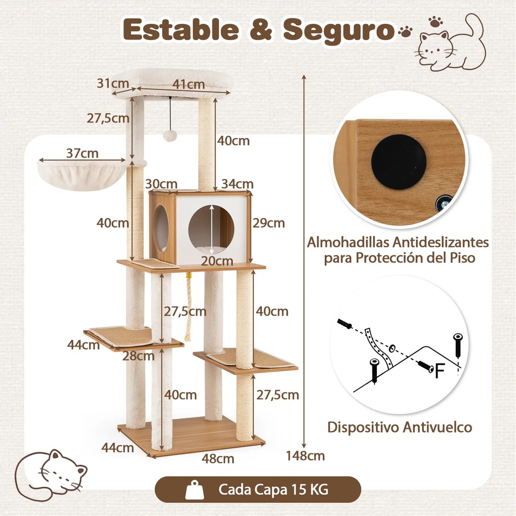 Arranhador para Gatos, 48 x 44 x 148 cm, 7 Níveis, Natural + Branco