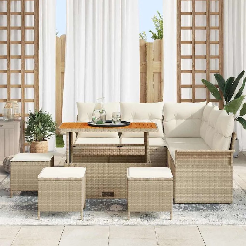 Conjunto de Sofá de Jardim com 9 Peças , Almofadas Beje, Rattan Sintét