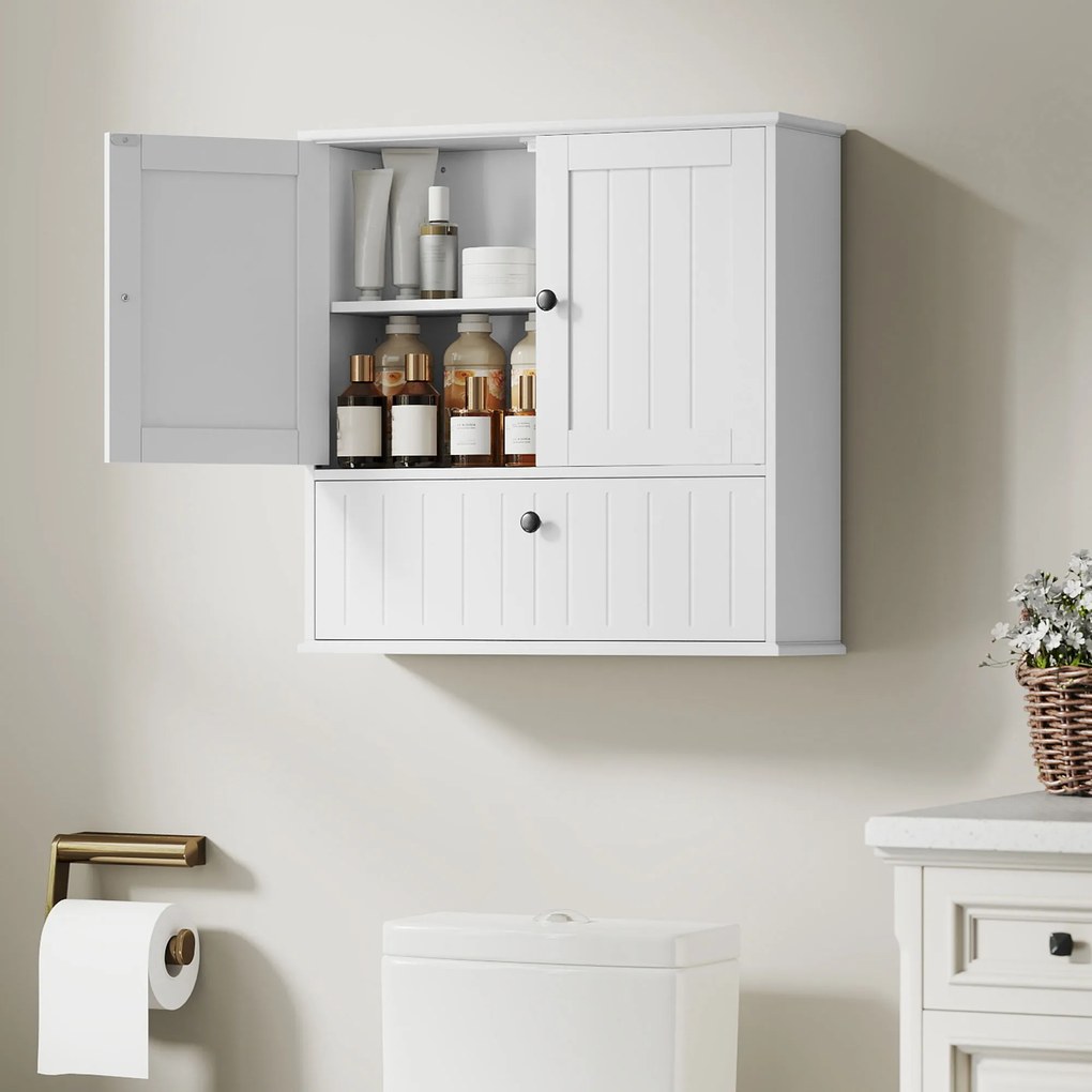 Armário Casa de Banho de Parede Rústico com Prateleira Ajustável Dupla Porta Porta Basculante e Fecho Magnético 60x19,5x60 cm Branco