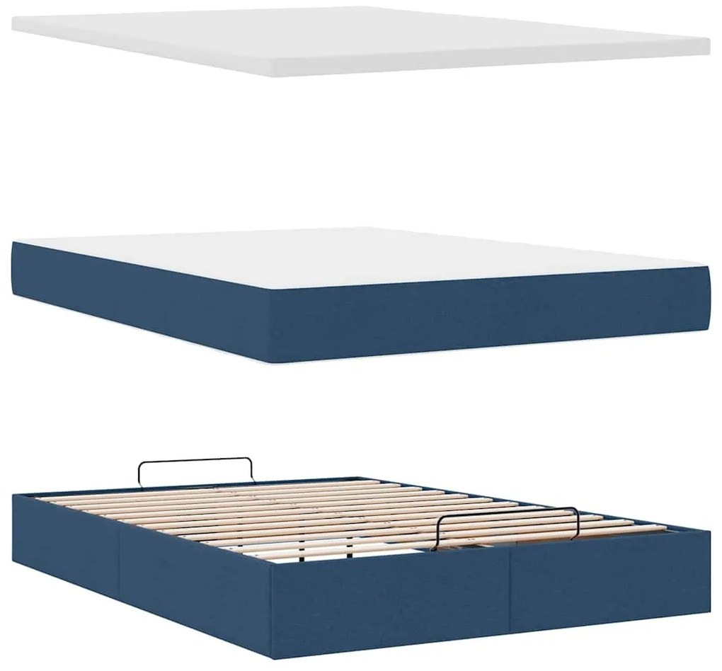 Estrutura de cama otomana com colchão tecido azul 140x200cm