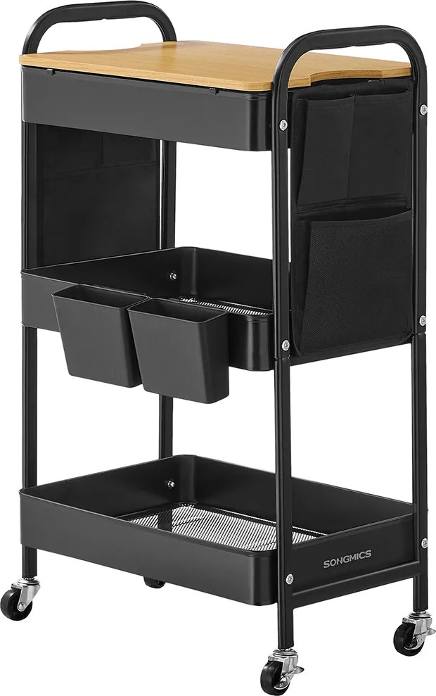 Carrinho de cozinha com 3 prateleiras com grelha metálica 30,6 x 44,3 x 74,2 cm Preto