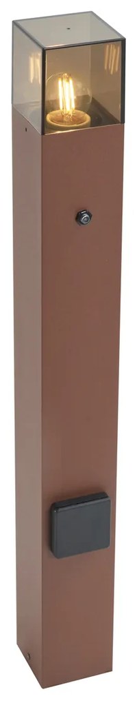 Poste de luz exterior industrial castanho ferrugem com vidro fumado 70cm com sensor crepuscular IP44 - Dinamarca
