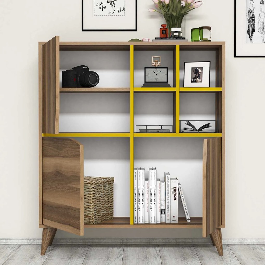 Armário Multiuso Pulse – Nogueira e Amarelo – 100x115x30 cm
