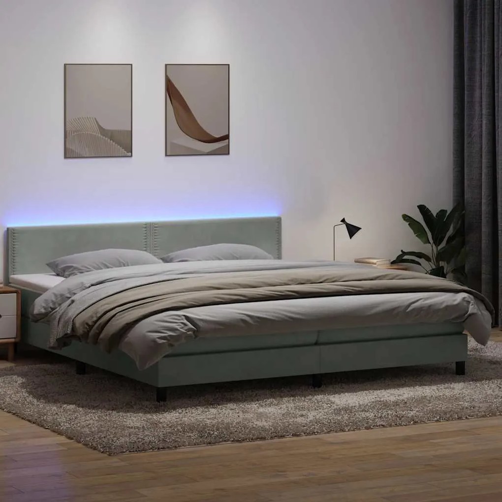 vidaXL Cama box spring c/ colchão e LED cinzento-claro 200x210 cm veludo