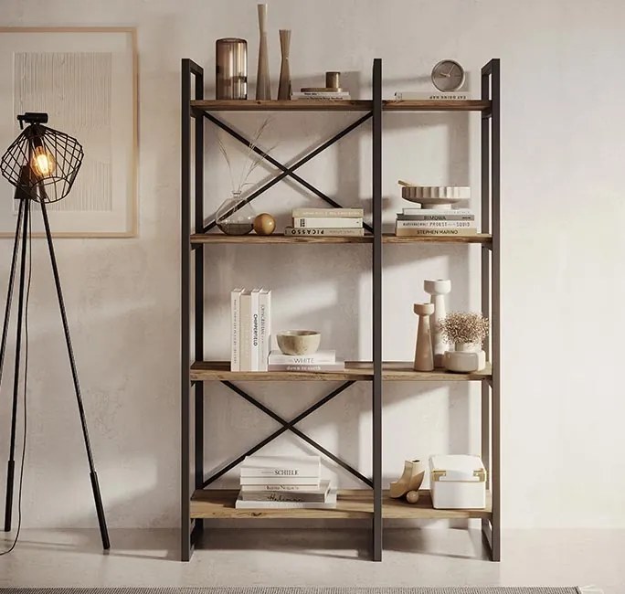 Estante Faro – 87,5x30x138 cm – Pinho Atlântico e Estrutura em Aço Pre