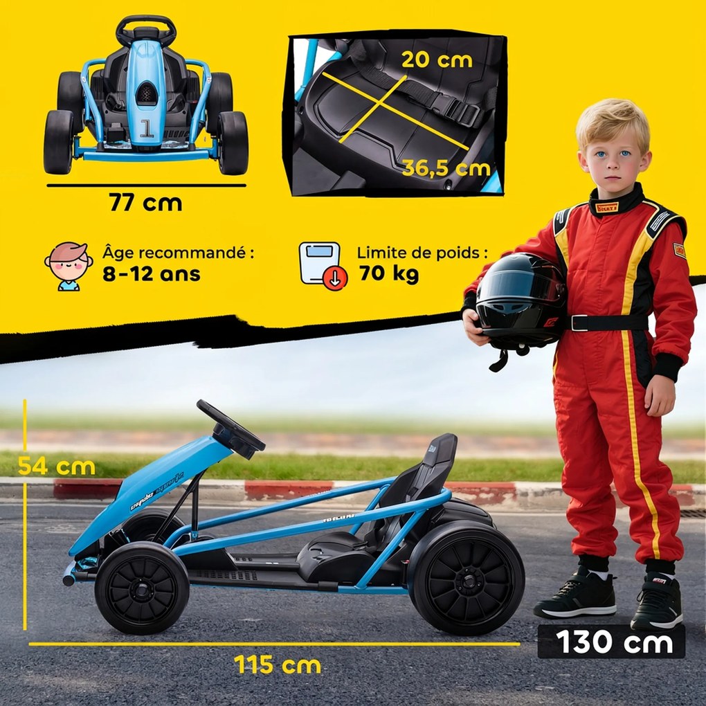 Kart Elétrico 24 V para Crianças 7 aos 12 anos, 115 x 77 x 54 cm, Modo Drift, Azul