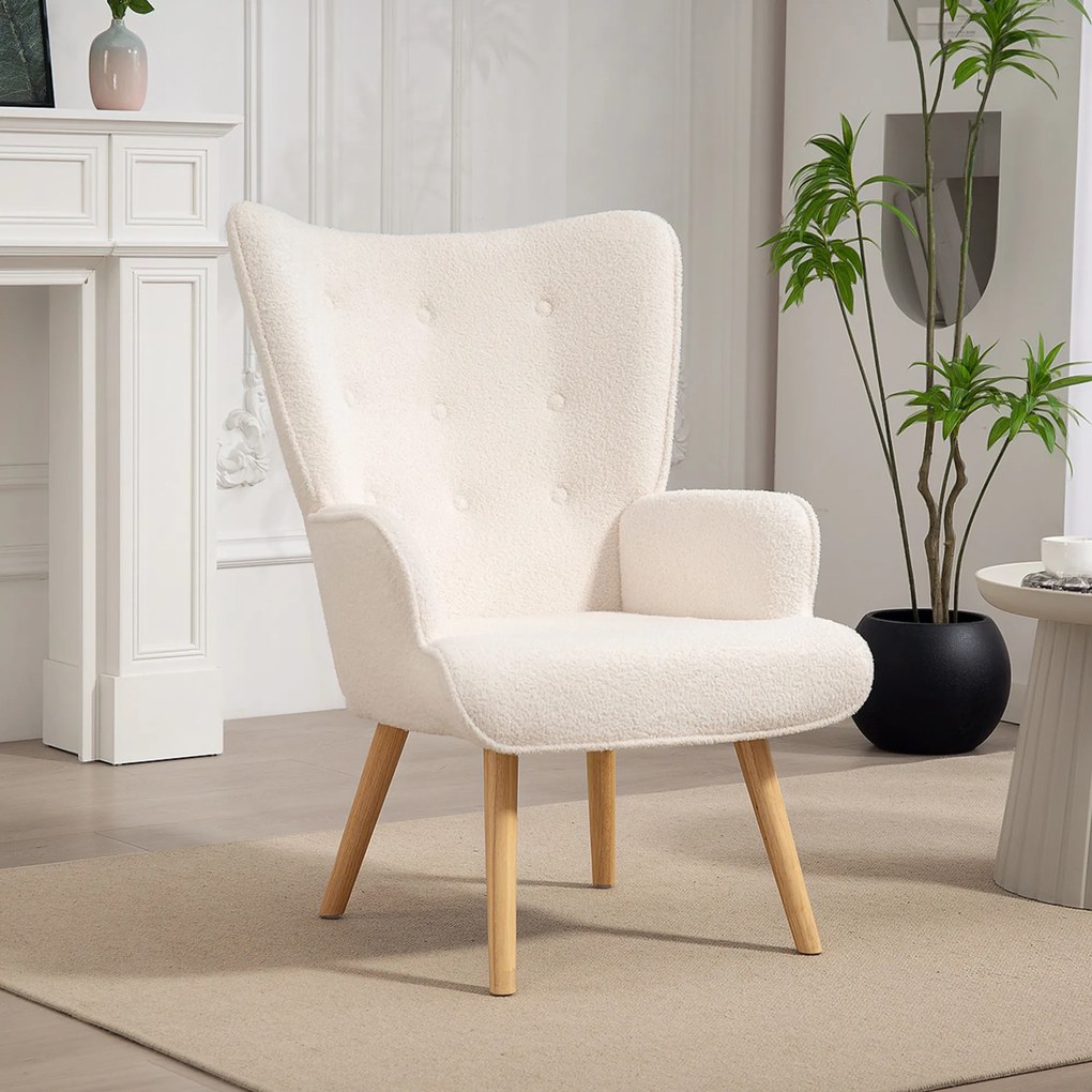 Poltrona de sala em tecido bouclé, poltrona estofada e acolchoada com pés de madeira, 71 x 74 x 96 cm, bege