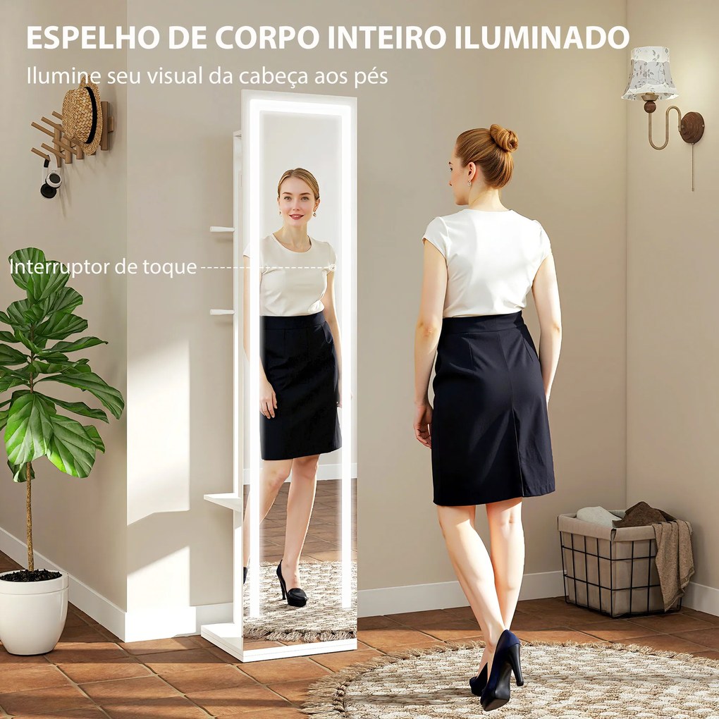 Espelho para Jóias com Luzes LED Espelho de Corpo Inteiro Rotativo 360° Prateleiras Abertas Barras para Pendurar Branco