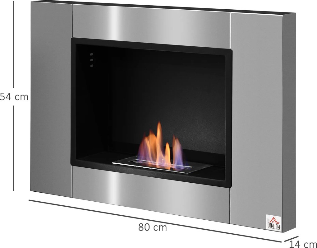 Lareira de bioetanol de parede para encastrar, queimador de 0,9 L, cerca de 3 horas de autonomia, 80 x 14 x 54 cm, cobertura de 25-30 m², aço inoxidáv